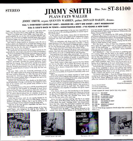 Image of Back Cover of LP - VG/VG - JIMMY SMITH, Plays Fats Waller (Blue Note (Division of Liberty); BST 84100, US 1969 Reissue, Pasteback Sleeve, Company Inner, Stereo; 'VAN GELDER' in runout), ,  - 3126222E
