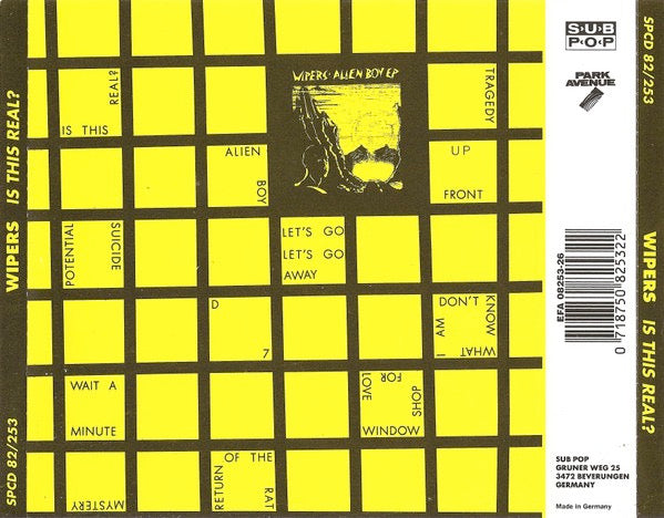 Image of Back Cover of 3014510C: CD - WIPERS, Is This Real? (Sub Pop; SPCD 82/253, Germany 1993, Jewel Case) Strong VG  VG+/VG