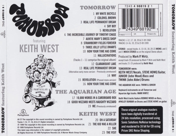 Image of Back Cover of 4034065E: CD - TOMORROW FEATURING KEITH WEST, Tomorrow (Parlophone; 7243 498819 21, Europe 1999, Jewel Case, Remastered)   VG+/EX