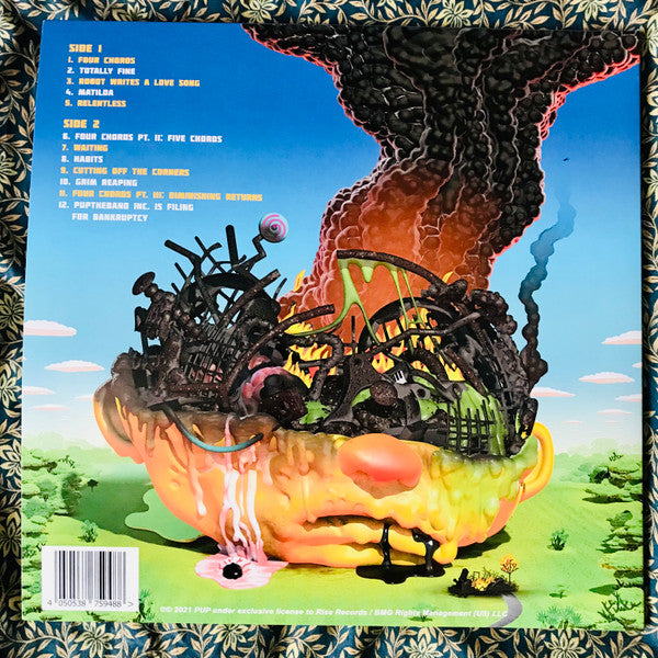 Image of Back Cover of 5045019S: LP - PUP, The Unraveling of PUPTheBand (Rise Records; RISE 498-1, Canada 2022, Gatefold, Inner, Neon Coral and Black Smush Wax Vinyl) Opened Instore, Still In Stickered Shrinkwrap  EX/EX