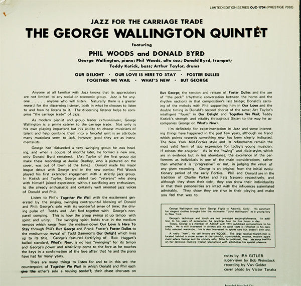 Image of Back Cover of 3524170E: LP - GEORGE WALLINGTON QUINTET, Jazz For The Carriage Trade (Original Jazz Classics; OJC-1704, US 1985 Reissue, Limited Edition of 3000, Remastered, Virgin Vinyl, Mono)   VG/VG+