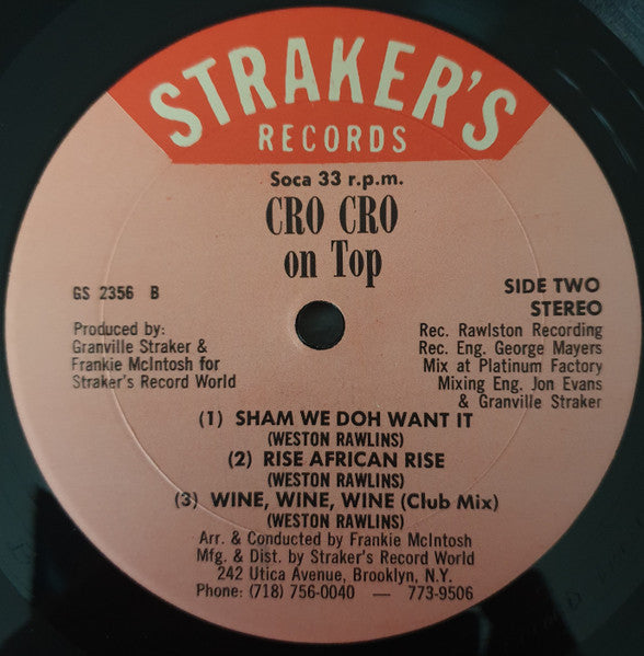 Image of Back Cover of 3123015E: LP - CRO CRO, On Top (Straker's Records; GS 2356, US 1992, Picture Sleeve) Strong VG sleeve + disc  VG/VG