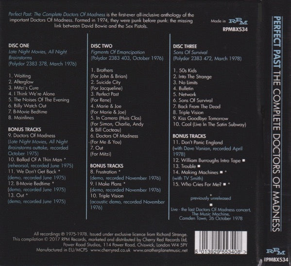 Image of Back Cover of 3xCD - VG+/VG - DOCTORS OF MADNESS, Perfect Past: The Complete Doctors Of Madness (RPM Records; RPMBX534, UK 2017, Box Set, Booklet), ,  - 3216217C
