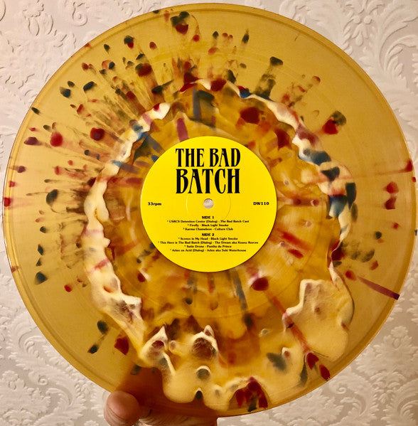 Image of Label Cover of 3123119E: 2xLP - VARIOUS, The Bad Batch - Original Motion Picture Soundtrack (Death Waltz Recording Company; DW110, US 2017, Gatefold Die-cut, 2 Inners, Obi strip, Limited Edition; Psychedelic Swirl + Smiley Face Yellow & Black Vinyl)   VG+/VG+