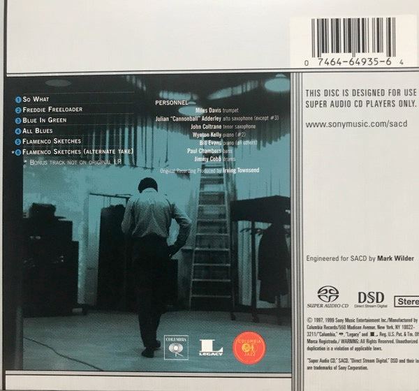 Image of Back Cover of SACD - VG+/M - MILES DAVIS, Kind Of Blue (Columbia; CS 64935, US 1999 Reissue, Slipcase, Booklet, Stereo-only), Still SEALED in stickered shrinkwrap. Slipcase slighty wavey from storage.,  - 1916289C