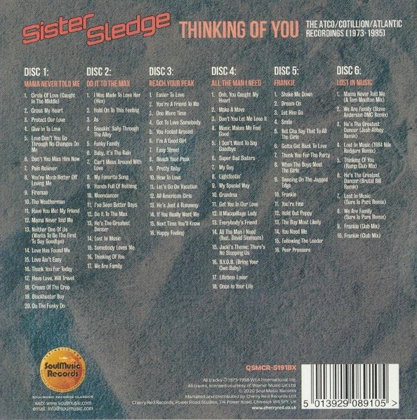 Image of Back Cover of 6xCD - VG+/VG+ - SISTER SLEDGE, Thinking Of You (The Atco/Cotillon/Atlantic Recordings 1973-1985) (SoulMusic Records; QSMCR-5191BX, UK 2020, Clamshell Box Set, Booklet & Inners), ,  - 3216489C