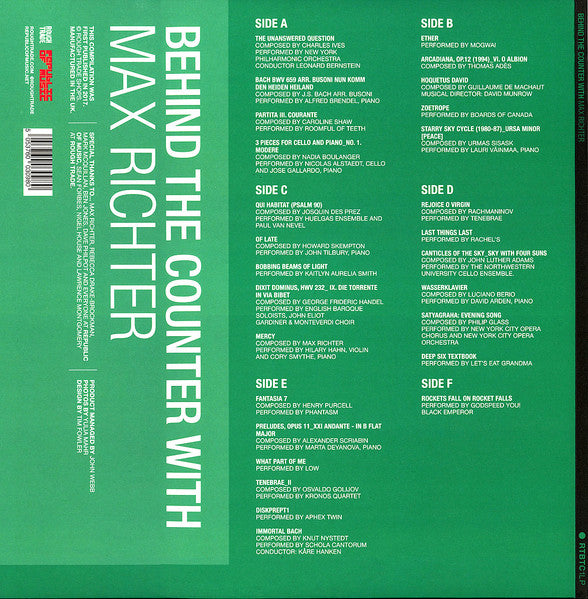 Image of Back Cover of 3744357S: 3xLP - MAX RICHTER, VARIOUS, Behind The Counter With (Rough Trade; RTBTC1LPX, UK 2017, Triple Gatefold, Green Vinyl, With 7" And CD) Strong VG+  VG+/VG+