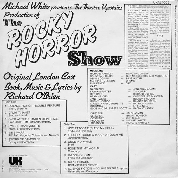 Image of Back Cover of LP - VG/G+ - RICHARD O'BRIEN - ORIGINAL LONDON CAST, The Rocky Horror Show (UK Records Blue Labels With Silver Text; UKAL 1006, UK 1973), Hairline marks.,  - 2416403C