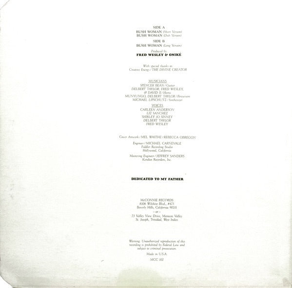 Image of Back Cover of 12" - VG/VG - ONIK�, Bush Woman (McConnie Records; MCC 102, US 1984, Pasteback Sleeve), Light marks only. WOL. Cut corner on sleeve, stains.,  - 4226259E