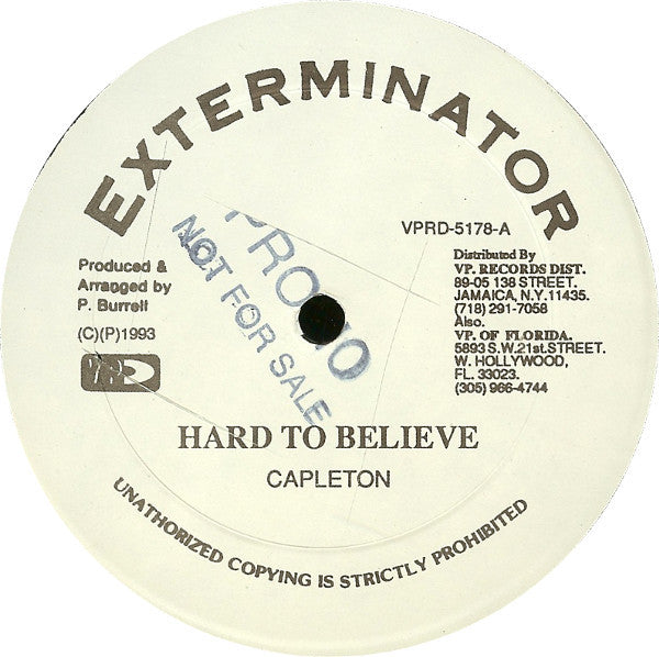 Image of Front Cover of 3113342C: 12" - CAPLETON / ADMIRAL TIBET, Hard To Believe / Love Of Jah (Exterminator; VPRD-5178, US 1993) Strong VG.  /VG