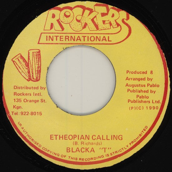 Image of Front Cover of 3113345C: 7" - BLACKA T, Etheopian Calling (Rockers International; , Jamaica 1990) Lots of light marks nap, but has a bit of rotational noise from press. Clean labels.  /G+