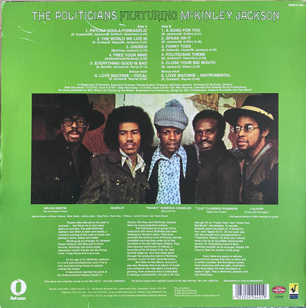 Image of Back Cover of 3514325C: LP - THE POLITICIANS FEATURING MCKINLEY JACKSON, The Politicians Featuring McKinley Jackson (Sequel Records; NEMLP 444, UK 1999 Reissue, Picture Sleeve, Remastered) Light edge and corner wear on sleeve  VG/VG+