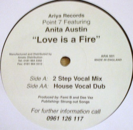 Image of Front Cover of 12" - /VG - POINT 7 FEATURING ANITA AUSTIN, Love Is A Fire (Ariya Records; ARA 001, UK 1999), ,  - 2246166S