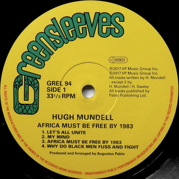 Image of Label Cover of LP - VG/G+ - HUGH MUNDELL, Africa Must Be Free By 1983. (Greensleeves Records; GREL 94, UK 2017 Reissue), Lots of light lines, plays fine. Bent corner on sleeve, still in shrink.,  - 2216091C