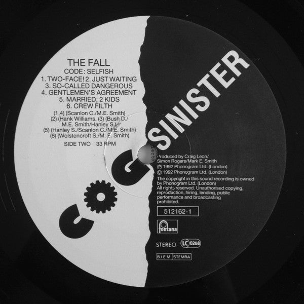 Image of Label Cover of 0125332E: LP - THE FALL, Code: Selfish (Fontana; 512162-1, UK 1991, Inner) Very Strong VG  VG+/VG