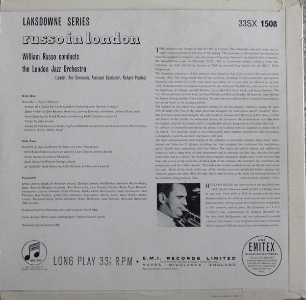 Image of Back Cover of LP - VG/VG - THE LONDON JAZZ ORCHESTRA, WILLIAM RUSSO, Russo In London (Columbia; 33SX 1508, UK 1963, Laminated Flipback Sleeve), ,  - 3926106E