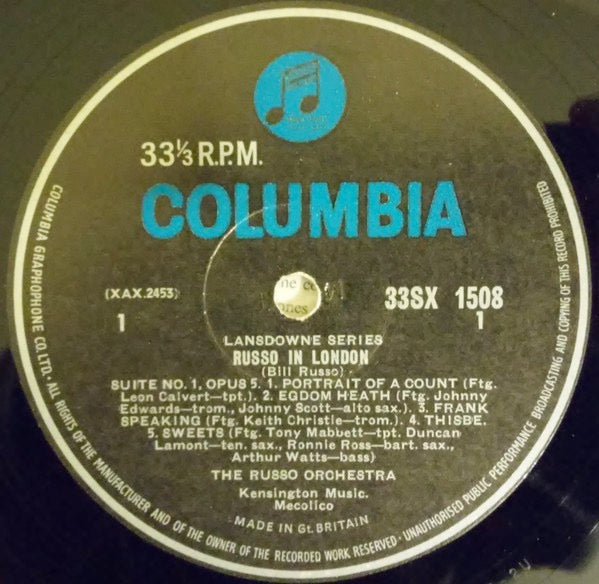 Image of Label Cover of LP - VG/VG - THE LONDON JAZZ ORCHESTRA, WILLIAM RUSSO, Russo In London (Columbia; 33SX 1508, UK 1963, Laminated Flipback Sleeve), ,  - 3926106E