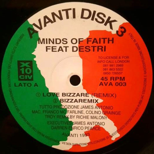 Image of Front Cover of 4745165S: 12" - MINDS OF FAITH FEAT DESTRI, Love Bizzare (Remix) (Avanti; AVA 003, Italy 1993, Plain Sleeve) one or two scuffs  /VG