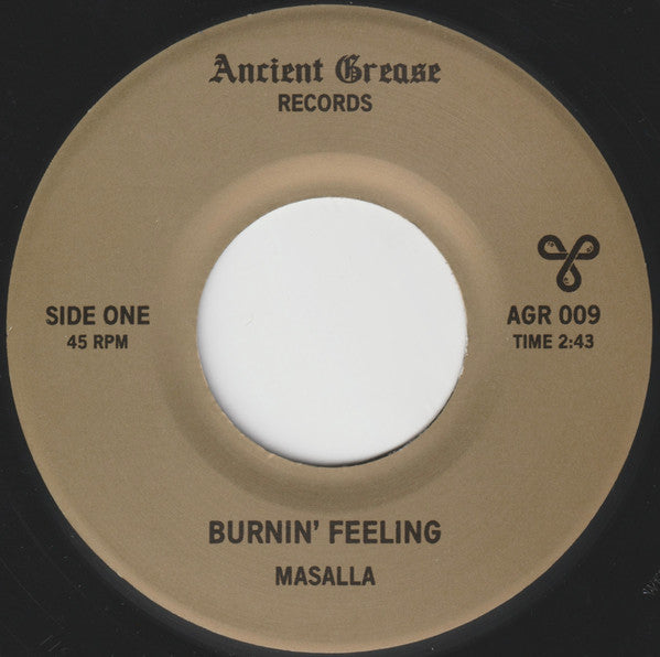 Image of Back Cover of 3253056S: 7" - MASALLA, Burnin' Feeling / Simple Words (Ancient Grease Records; AGR 009, US 2022 Reissue, Embossed White 45 Sleeve, 2 Inserts)   /VG+