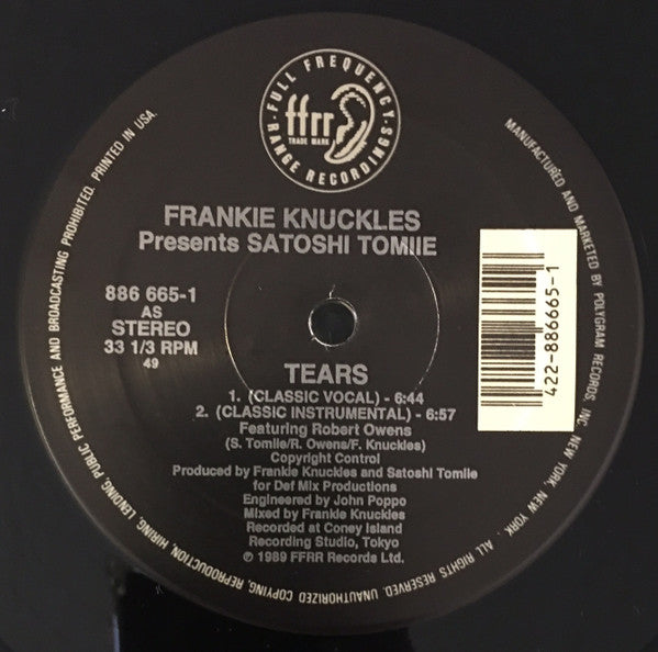 Image of Back Cover of 12" - VG/VG - FRANKIE KNUCKLES PRESENTS SATOSHI TOMIIE, Tears (FFRR ; 886 665-1, US 1989, Company Sleeve), ,  - 3326053E