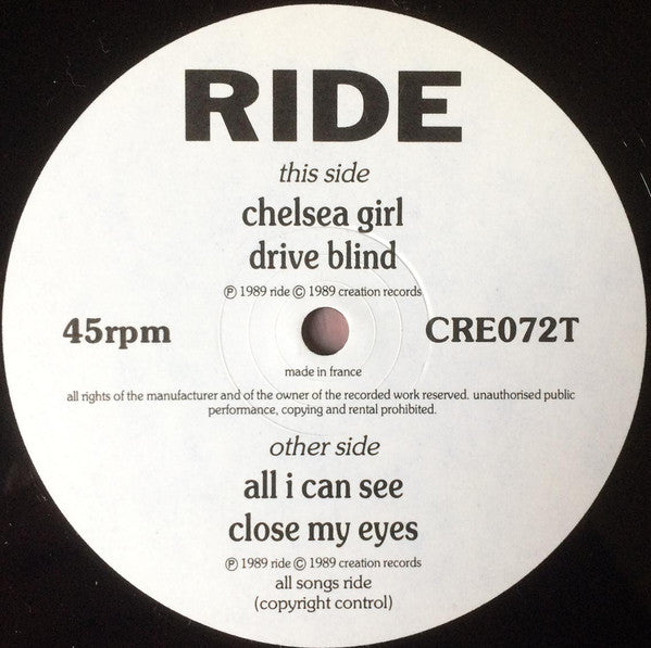 Image of Label Cover of 12" EP - VG/G - RIDE, Ride (Creation Records; cre072t, UK 1990, Textured Sleeve), ,  - 2916035C