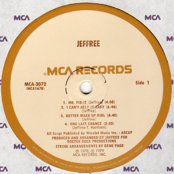 Image of Label Cover of LP - VG/VG+ - JEFFREE, Jeffree (MCA Records; MCA-3072, US 1979, Company Inner, Pinckneyville Press), Edge wear. Export sticker on back, export stamp on cover.,  - 3046144S