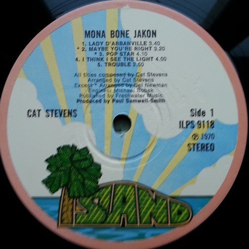 Image of Label Cover of LP - VG/VG+ - CAT STEVENS, Mona Bone Jakon (Island Records Pink Rim Labels; ILPS 9118, UK 1971 Reissue, Custom Printed Inner), Nice inner. ,  - 4316610C