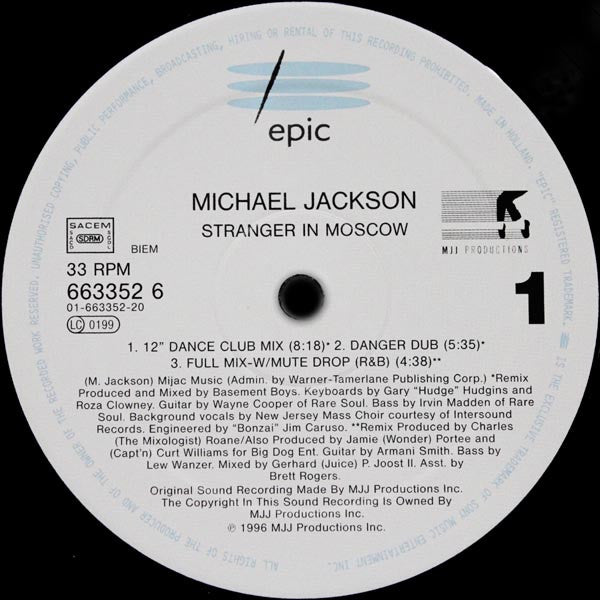 Image of Label Cover of 12" - VG+/VG+ - MICHAEL JACKSON, Stranger In Moscow (Epic ; EPC 663352 6, Europe 1996, Picture Sleeve), Sleeve has shrink-wrap and import sticker underneath,  - 4016413C