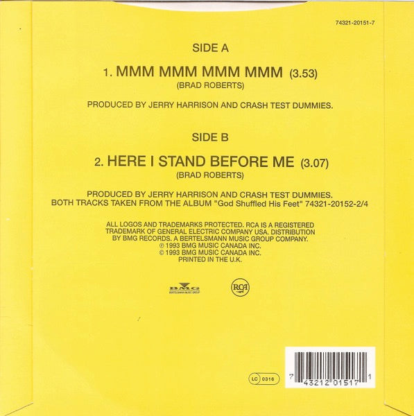 Image of Back Cover of 7" - VG/VG - CRASH TEST DUMMIES, Mmm Mmm Mmm Mmm (RCA; 74321-20151-7, UK 1993, Picture Sleeve), ,  - 3316186C