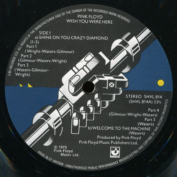 Image of Label Cover of LP - VG/G+ - PINK FLOYD, Wish You Were Here (Harvest ; SHVL 814, UK 1976 Reissue, Inner With Round Corners Thumb Cut Large Picture Side, Shine On part 5 Credited to Waters Only), Light marks and hairlines ,  - 3916057C