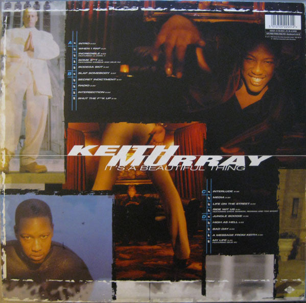 Image of Back Cover of 2xLP - VG/G - KEITH MURRAY, It's A Beautiful Thing (Jive; 0522531, Europe 1999, Inners), Lots of marks on records. Sleeve worn and creased at edges / opening; light staining; sticker ghost on front,  - 1116356C
