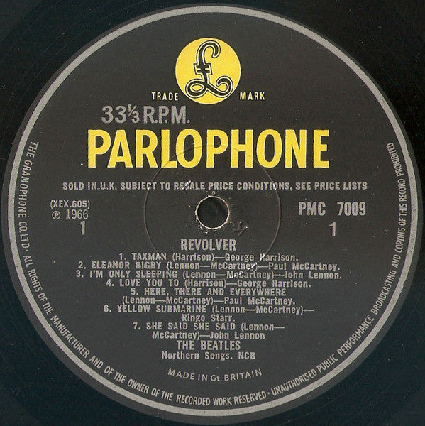Image of Label of 4713055C: LP - THE BEATLES, Revolver (Parlophone Black/Yellow; PMC7009, UK 1966, Flipback G&L Sleeve, Mono, 605-2/606-2, KT Tax Code Stamp. Doctor Robert Label. Dr. Robert Sleeve.)   VG/G