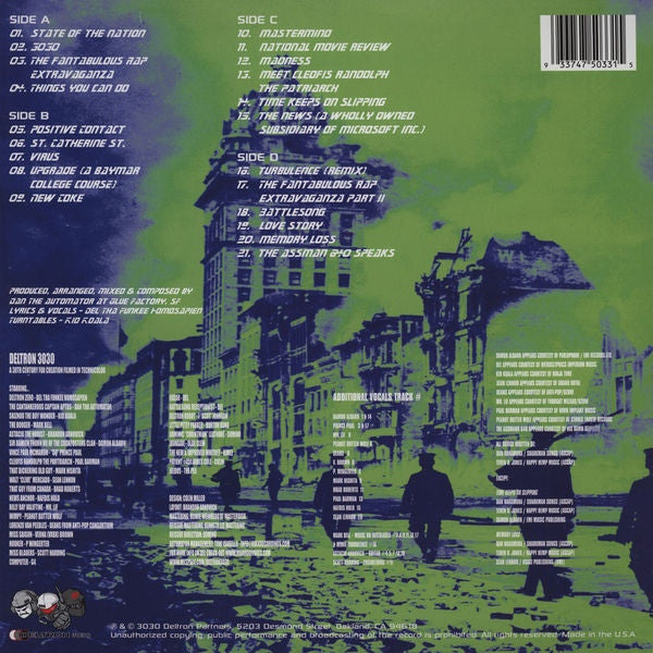 Image of Back Cover of 2xLP - VG/VG+ - DELTRON 3030, Deltron 3030 (Deltron Partners; DEl-75033-1, US 2000s Reissue), Edge wear and creases., Del Tha Funkee Homosapien teamed up with super-producer Dan The Automator & turntable wizard Kid Koala to create out a turn-of-the-century supergroup to be reckoned with.  Satisfyingly skewed beats, complex rhymes, and virtuoso turntablism makes this album essential to anyone with MF Doom or Dr Octagon in their crates... - 3746307S
