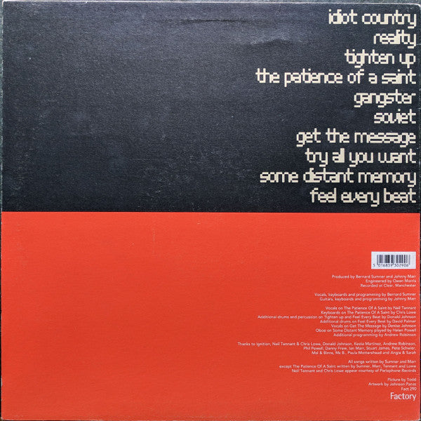 Image of Back Cover of 5024149E: LP - ELECTRONIC (JOHNNY MARR AND BERNARD SUMNER), Electronic (Factory; FACT290, UK 1991, Textured Sleeve, Inner, First Pressing No "Getting Away With It") Slight Damage To Inner  VG+/VG+