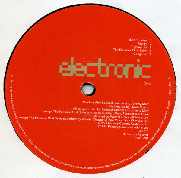 Image of Label Cover of LP - VG/G - ELECTRONIC, Electronic (Factory; FACT 290, UK 1991, Inner, First Press Without "Getting Away With It". Johnny Marr & Bernard Sumner), Inner and top seam split, worring looking marks but plays through ok.,  - 4016061C