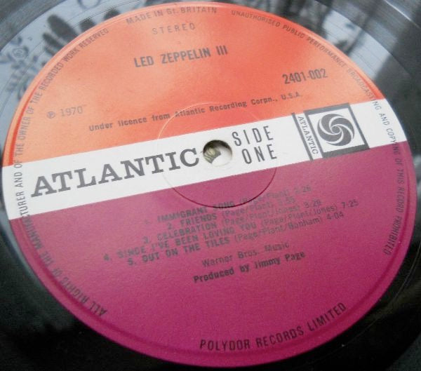 Image of Label Cover of LP - G+/F - LED ZEPPELIN, Led Zeppelin III (Atlantic Plum & Orange; 2401002, UK 1970, Rotating Gatefold, Peter Grant Credit on sleeve not label,  Cat No. Has Hyphen, "Do What Thou Wilt" Run Out Groove, Credits On Right Inside Gatefold, A5 (Etched) / B5 or B7 Run Outs, Celebration Misprint on Label), Lots of marks, Scuffs and hairlines, Plays with surface noise but not terrible, Sleeve is a bit worn but intact with a strip of old glue present inside gatefold spine. , Peter Grant credi