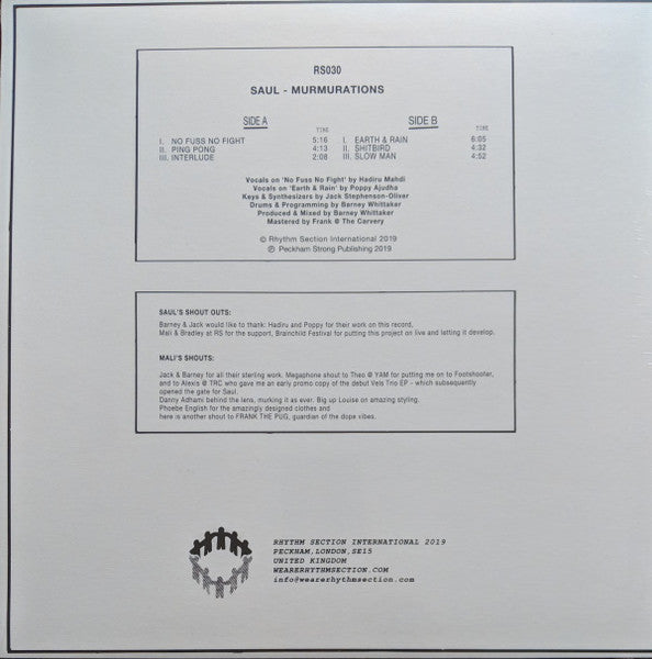 Image of Back Cover of 12" - VG+/VG+ - SAUL, Murmurations (Rhythm Section International; RS030, UK 2019, Die Cut Company Sleeve), one or two whispy hairlines - still VG+. original sleeve,  - 3746038S