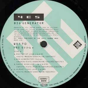 Image of Label Cover of LP - VG/VG+ - YES, Big Generator (ATCO Records; 790 522-1, UK 1987, Inner, No T In Runouts), No Hype sticker.,  - 4116060C