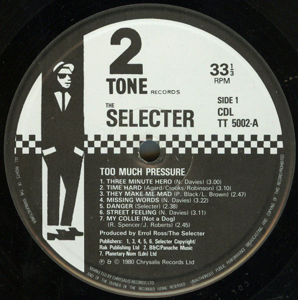Image of Label Cover of LP - VG/VG+ - THE SELECTER, Too Much Pressure (Two-Tone Records; CDL TT 5002, UK 1980, Laminated Sleeve, Track A2 'Time Hard', Not 'Everyday' on Label), Feint ring wear,  - 1146257S