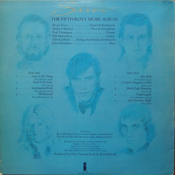 Image of Back Cover of LP - VG+/VG - ROXY MUSIC, Siren (Island Records; ILPS 9344, UK 1975, Company Inner, White Island Logos Both Sides.), ,  - 3126240E
