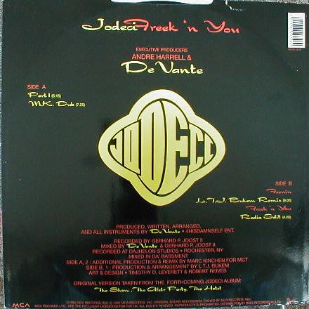 Image of Back Cover of 12" - VG+/VG+ - JODECI, Freek'n You (MCA Records; MCST 2072, UK 1995, Picture Sleeve, Sticker), great copy! , A1	Freek'n You (Part 1)A2	Freek'n You (M.K. Dub)B1	Feenin' (L.T.J. Bukem Remix)B2	Freek'n You (Radio Edit) - 1246048S