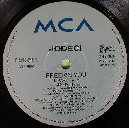Image of Label Cover of 12" - VG+/VG+ - JODECI, Freek'n You (MCA Records; MCST 2072, UK 1995, Picture Sleeve, Sticker), great copy! , A1	Freek'n You (Part 1)A2	Freek'n You (M.K. Dub)B1	Feenin' (L.T.J. Bukem Remix)B2	Freek'n You (Radio Edit) - 1246048S