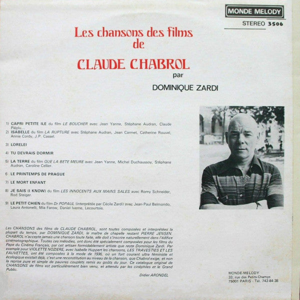 Image of Back Cover of 3623060E: LP - DOMINIQUE ZARDI, Chansons Des Films de Claude Chabrol (Monde Melody; 3506, France 1970, Picture Sleeve, Stereo)   VG/VG+