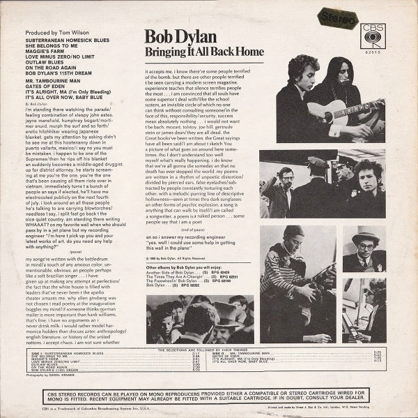 Image of Back Cover of LP - VG/G - BOB DYLAN, Bringing It All Back Home (CBS; 62515, UK 1960s Reissue, Non-Flipback Laminated Front E.J. Day Sleeve, Company Inner, Stereo), Light marks and hairlines, Good gloss to disc, Light stain to front of sleeve,  - 3816447C