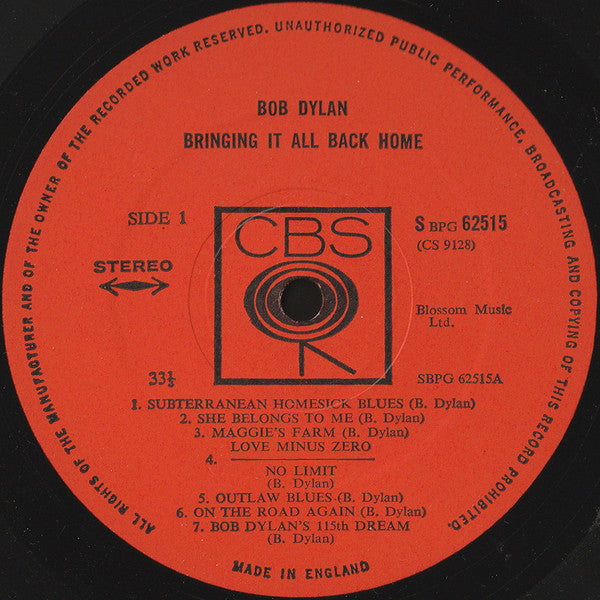 Image of Label Cover of LP - VG/G - BOB DYLAN, Bringing It All Back Home (CBS; 62515, UK 1960s Reissue, Non-Flipback Laminated Front E.J. Day Sleeve, Company Inner, Stereo), Light marks and hairlines, Good gloss to disc, Light stain to front of sleeve,  - 3816447C