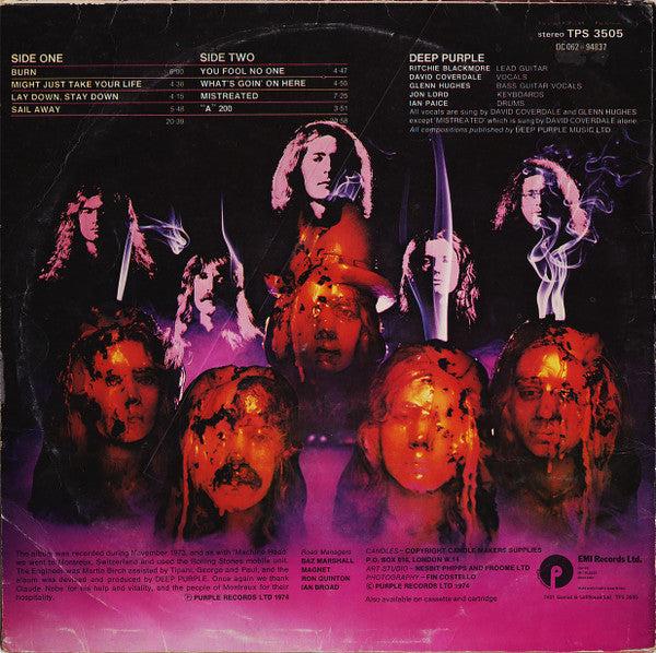 Image of Back Cover of LP - VG/VG - DEEP PURPLE, Burn (Purple Records; TPS 3505, UK 1970s Reissue, EMI, Not Gramophome Co on labels), Light marks, creasing on opening edge,  - 3046106S
