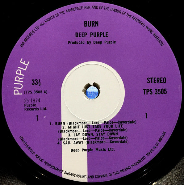 Image of Label Cover of LP - VG/VG - DEEP PURPLE, Burn (Purple Records; TPS 3505, UK 1970s Reissue, EMI, Not Gramophome Co on labels), Light marks, creasing on opening edge,  - 3046106S