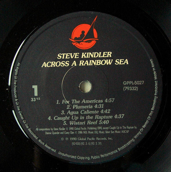 Image of Label Cover of 3623225E: LP - STEVE KINDLER, Across A Rainbow Sea (Global Pacific Records ; 79332, South Korea 1992, Picture Sleeve) Strong VG+, Cut Out - Hole Punched, Seam Split  VG/VG+