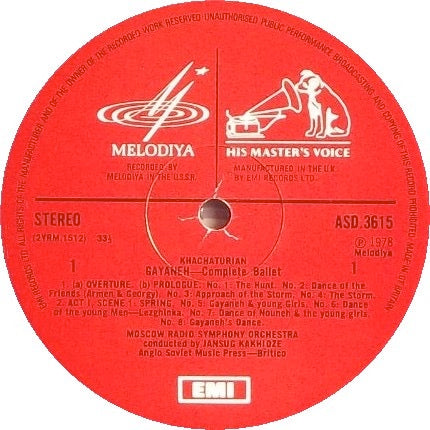 Image of Label Cover of 3xLP - VG+/VG+ - JANSUG KAKHIDZE, MOSCOW RADIO SYMPHONY ORCHESTRA, Khachaturian: Gayaneh - First Complete Recording (Melodiya / His Master's Voice; SLS 5143, UK 1978, Box Set, Booklet), ,  - 3226323E