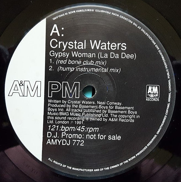 Image of Label Cover of 12" - VG/VG - CRYSTAL WATERS, Gypsy Woman (La Da Dee) (A&M PM; AMYDJ 772, UK 1991, Promo, Picture Sleeve), strong VG. some marks to sleeve - minor,  - 3646195S